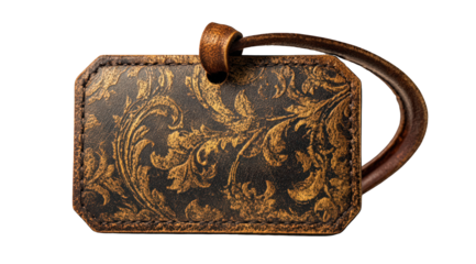 A brown leather luggage tag with ornate pattern is isolated on transparent background
