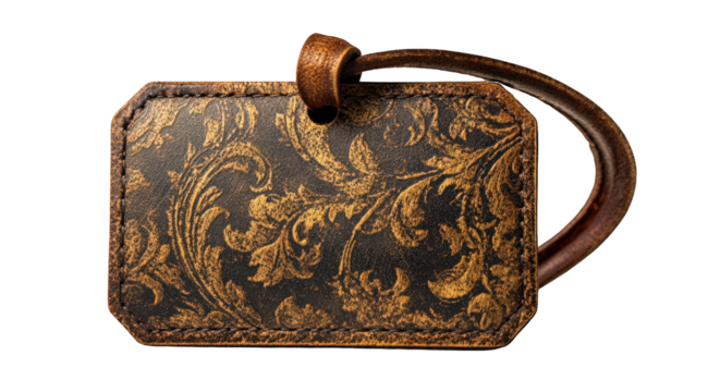 A brown leather luggage tag with ornate pattern is isolated on transparent background - Powered by Adobe