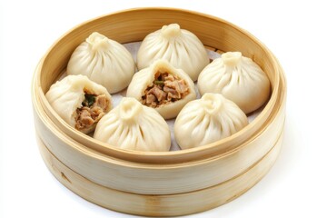 Fototapeta premium Delicious steamed buns in bamboo steamer, traditional chinese food for restaurant menus and cooking blogs