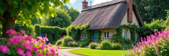 Charming Thatched Cottage in Vibrant English Garden, Idyllic Summer Scene, Blooming Flowers, Lush Greenery, Perfect for Travel and Home Decor