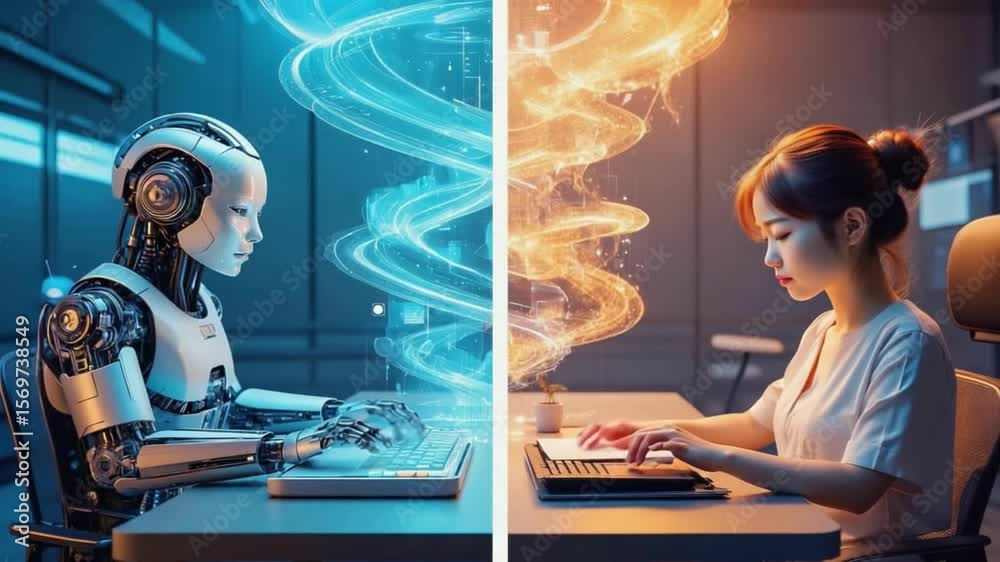 Wall mural dual realities: a visual exploration of technology's duality, featuring a detailed depiction of a hu
