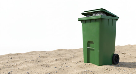 Green wheeled garbage bin placed on a sandy surface. The lid of the bin is partially open, and there seems to be some trash visible inside. The background is plain.