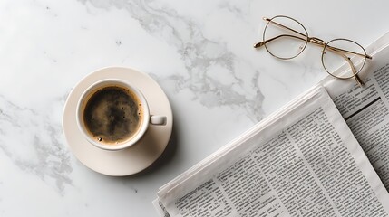 A minimalist flat lay of coffee cup eyeglasses and newspaper on marble table in natural light top down perspective
