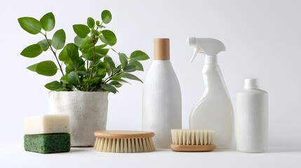 Eco-friendly cleaning products and a small plant arranged for a natural and clean aesthetic. Featuring soaps, bottles, and brushes, it represents a commitment to sustainable practices and a fresh.