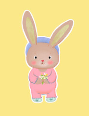Cute Baby Bunny Characters in Colorful Outfits . Hand - drawn Pastel Style Illustration.  vintage , paper cut style for kid. wall art or happy card for kid . 