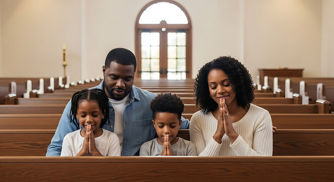A family praying together in church.