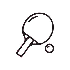 Simple black line drawing of a table tennis paddle and ball on a white background