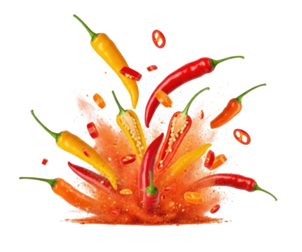 Vibrant explosion of red, yellow, and green chili peppers with spices on transparent background, cutout png