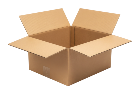 Empty brown cardboard box with opened flaps isolated on transparent background, cutout png