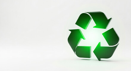 Green recycling symbol set against a light background. Recycling and environmental sustainability awareness. The center of the symbol is glowing with a green light.