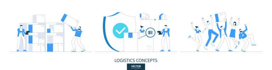 Warehouse, cargo, delivery illustrations set in thin line style. Package storage abstract linear vector design concepts. Barcode tracking, Logistics flat icons. Business people characters team work.