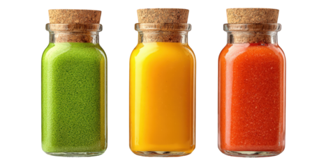 Three spice bottles with corks isolated on transparent background