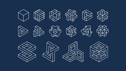 Abstract 3d geometric shapes. Brutal isometric illusion figures. Cube arrow symbol. Graphic design elements set. Vector logistic business icon . Logo for finance, construction, technology company.