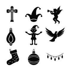 A festive collection of black silhouette vector icons including angel, elf, dove, cross, jester hat, stocking, bulb, and more for Christmas and holiday design use.
