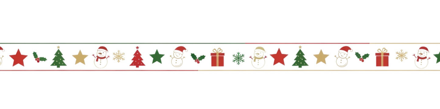 Christmas themed decorative border with snowmen, trees, stars, and gifts isolated on transparent background, cutout png