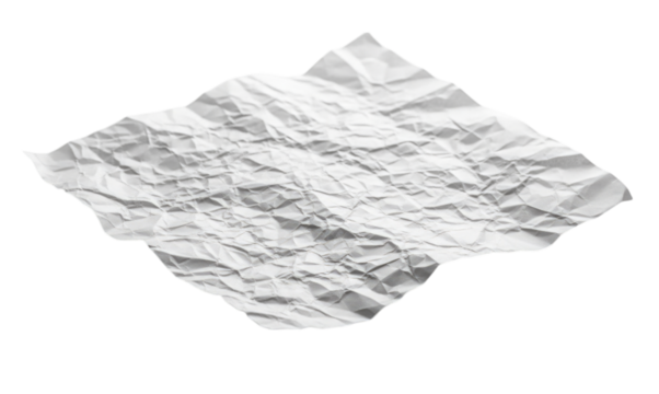 Crumpled white paper texture with wrinkles and creases cutout isolated on transparent background, cutout png