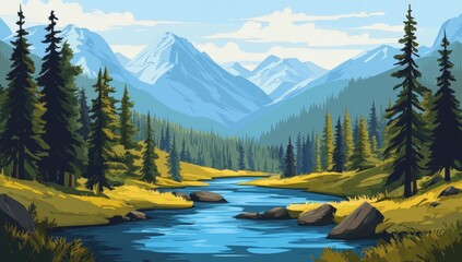 A serene mountain landscape with a flowing river, surrounded by lush pine trees and distant snow-capped peaks under a partly cloudy sky.