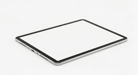 Tablet device lying flat on a white surface. It has a sleek, silver edge with a black screen border, and the display is turned off, appearing blank.