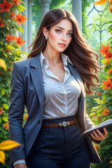 Beautiful Business Woman in Garden with Flowers, Stylish Confident Female Portrait in Suit, Professional Office Look Outdoors, Elegant Corporate Fashion, Natural Light, Career Success Concept
