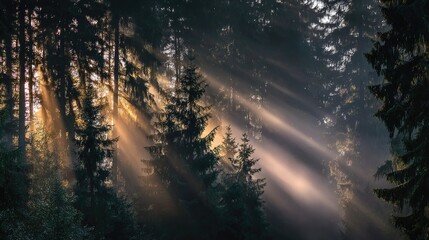 Sunbeams piercing misty forest