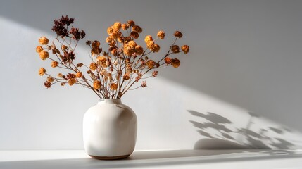 Aesthetic and artistic still life featuring dried flowers arranged in a ceramic vase, with dynamic shadows