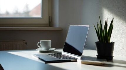 Minimalist workspace featuring laptop, coffee cup on saucer, and potted plant, illuminated by natural light from nearby window, creates serene and productive atmosphere