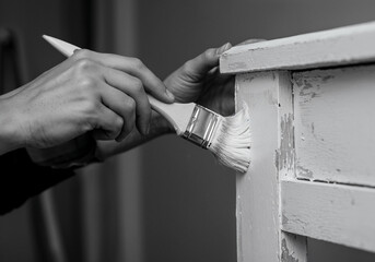 Close-up of a person painting a wooden board with white paint using a flat brush
