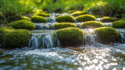 Moss-covered stones in a cool mountain stream, sunlight gleaming gently on flowing water