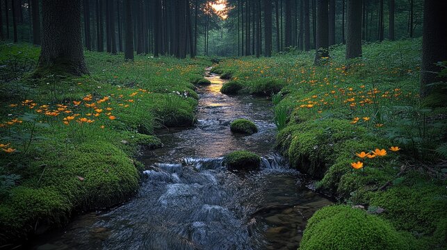 Peaceful trickle of a stream through wildflowers and moss, lit by soft natural light in a secluded forest