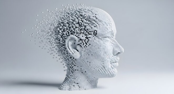 A human head made of white pixels or cubes, disintegrating. Concept of artificial intelligence, digital identity, data assembly, or virtual reality. Minimalist 3D render.