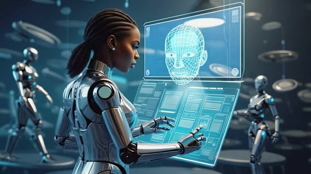 Futuristic Data Processing: A sophisticated android processes advanced data in a sleek, high-tech environment, with sleek cyborgs standing by as the main focus.