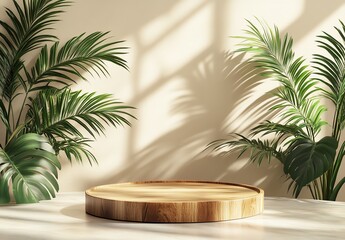 Minimalist display with tropical leaves and a wooden platform.