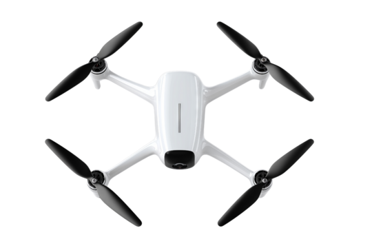 Aerial view of a modern white drone with PNG propellers on PNG, drone, quadcopter, aerial, technology, white, black, propeller, photography, videography, remote control, innovation, modern, device