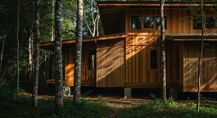 Modern Wooden House Exterior in Forest with Sunlight and Shadow Play