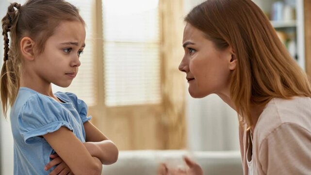 Mother scolding upset daughter at home, symbolizing parenting, discipline, family conflict, and emotional communication.