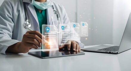 Doctor works with digital medical records on a tablet computer alongside a laptop for advanced healthcare technology.