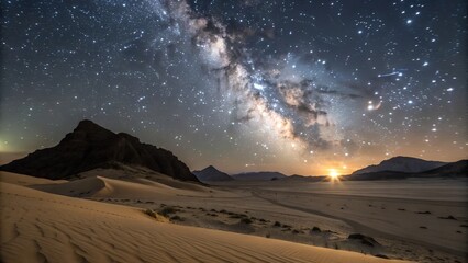 Night desert landscape shows bright stars and the Milky Way across the sky, with a beautiful sunrise appearing over distant mountains and sand dunes.