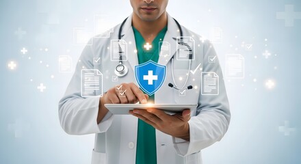 Doctor Uses Digital Tablet Displaying Healthcare Data Protection with a Shield Icon for Patient Privacy and Online Safety