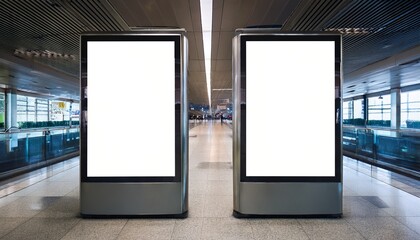 two blank vertical digital billboards in a modern train station