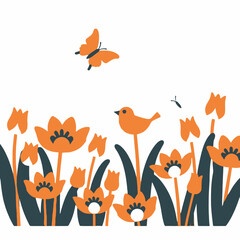 Cheerful Spring Flowers with Bird and Butterflies-Colorful Tulip Garden Illustration-Nature Inspired Art for Kids-Vibrant Floral Design