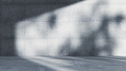 Empty concrete room with dramatic lighting and shadows from window
