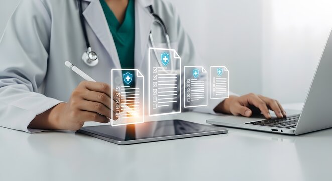 Doctor interacts with medical records on a digital device, displaying healthcare information and modern medical technology with a laptop and tablet. - Powered by Adobe