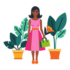 Elegant Woman in Pink Dress with Green Bag- Fashion Illustration with Tropical Plants- Colorful Design for Home Decor- Vector Art of Smiling Lady- Botanical Theme
