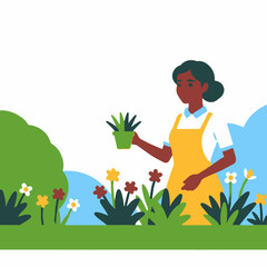 Gardening Woman Holding Potted Plant-Cartoon Gardener with Flowers-African American Lady in Garden-Home Gardening and Eco Friendly Lifestyle-Botanical Illustration