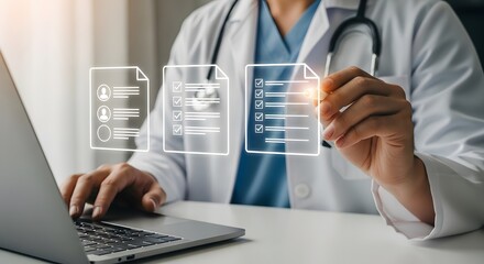 Doctor using laptop with digital documents and checklist highlights modern healthcare management and patient data analysis for better medical solutions.