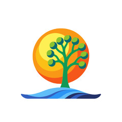 Abstract Tree Illustration with Sun and Water - Colorful Nature Graphic for Design Projects - Modern Art Inspired Logo Design Element