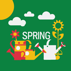 Welcome Spring with Gardening Fun- Brighten Your Day with Colorful Flowers and Sunshine- Get Ready for the Planting Season with Watering Cans and Greenery