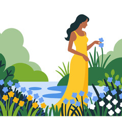 Woman in Yellow Dress-Picking Flowers by the Lake-Nature Illustration-Peaceful Scene-Artwork-Digital Art-Floral Landscape-Summer Vibes-Serene Moment