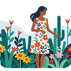 Woman in Floral Dress - Spring Fashion Illustration - Colorful Flowers and Cactus - Artistic Female Portrait - Summer Style Inspiration