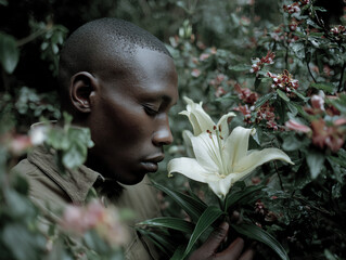 Reflective moment with a flower in nature.